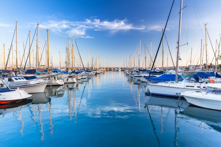 Boats docked at a marina, ready for sale